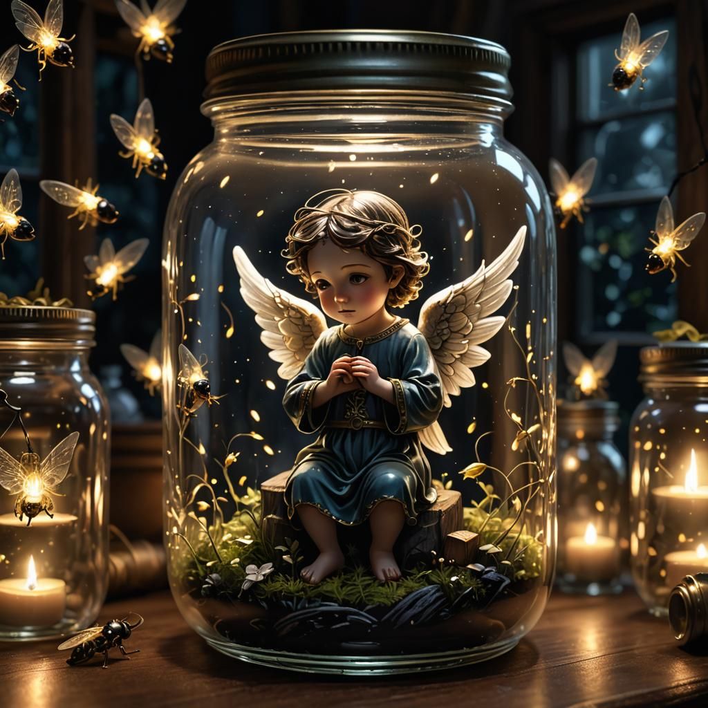 An angel trapped in glass jar