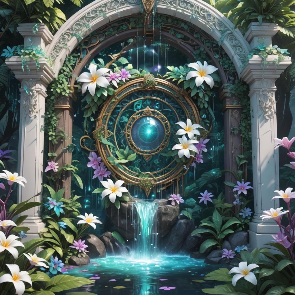 Holographic Jungle Waterfall Portal in Anime Style