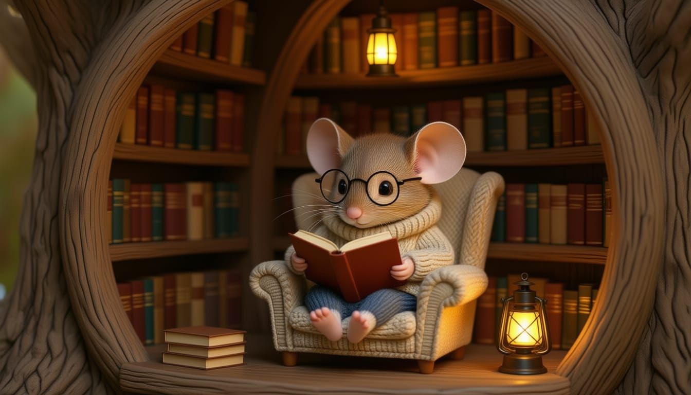 Mouse Reader in Whimsical Treehouse Scene