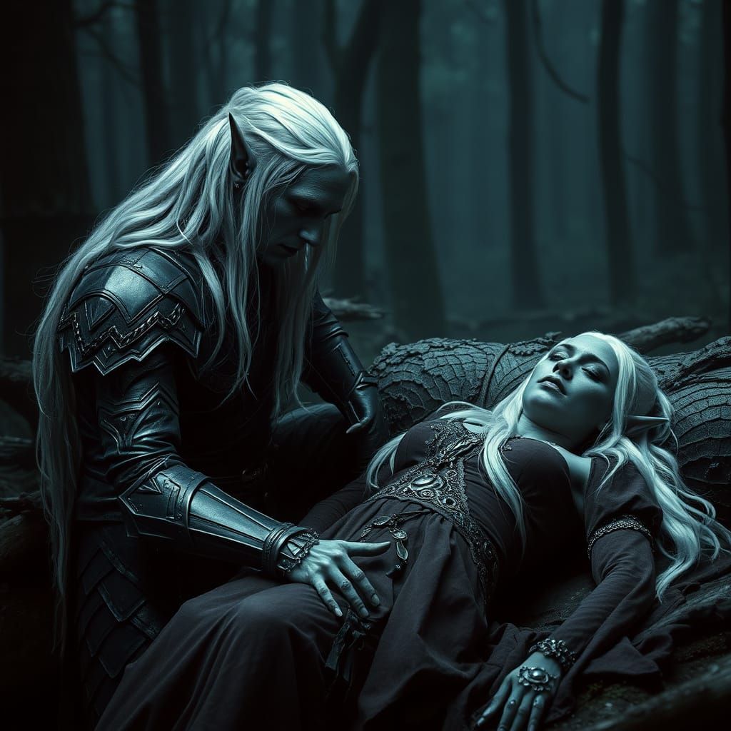 Mourning Dark Elf in Dimly Lit Forest