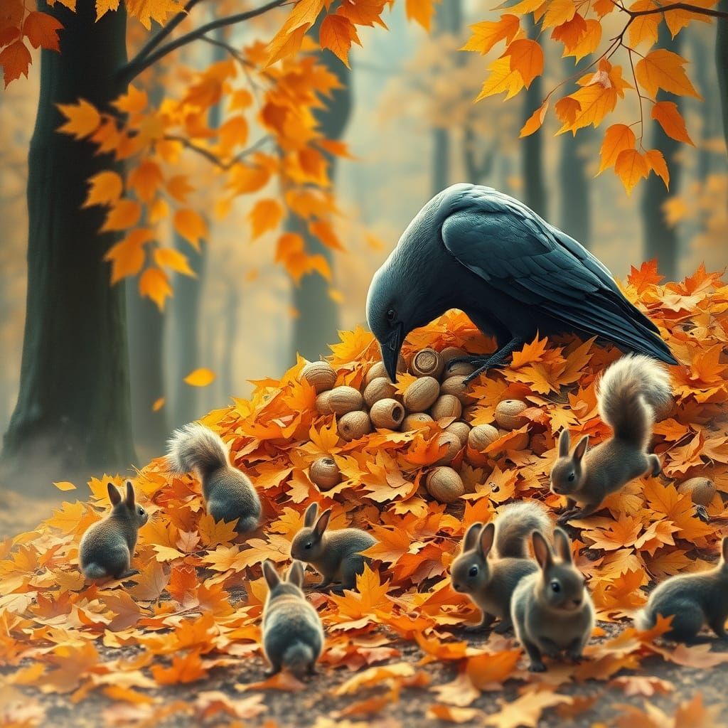 Crow Hides Nuts Among Autumn Leaves As Squirrels Watch