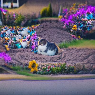 Detailed Cat Portrait in Flower Bed, 8K