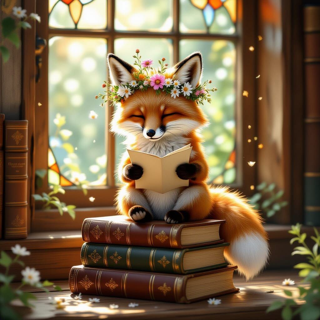 Whimsical Fox Reading Books in Golden Hour Light