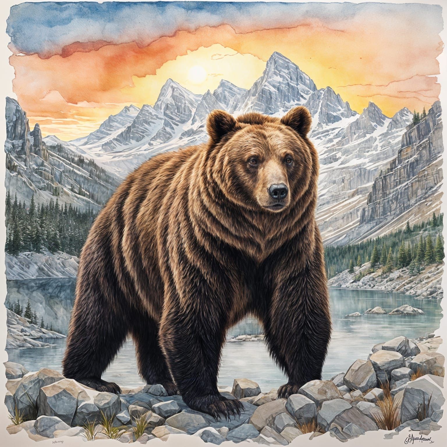 Majestic Bear Portrait at Sunrise: Watercolor Illustration