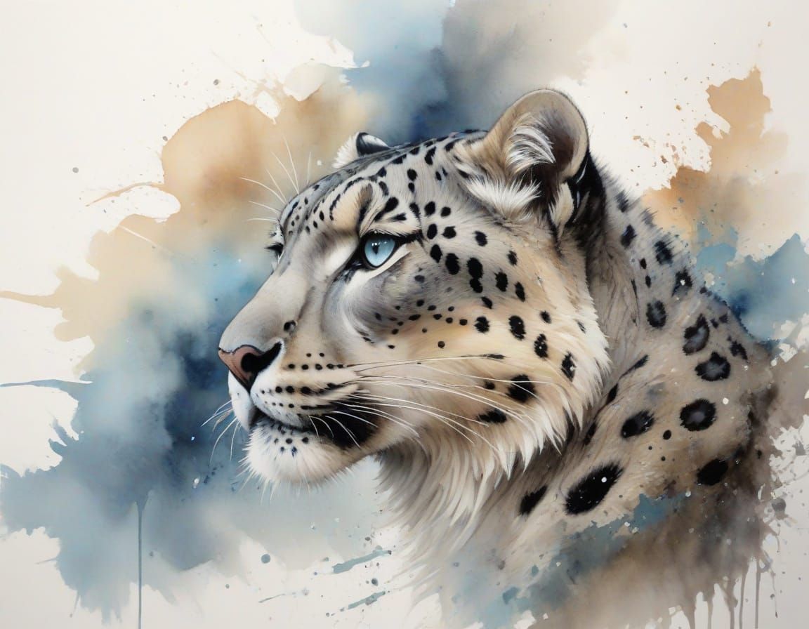 Snow Leopard Pouncing from Rocky Ledge in Watercolour