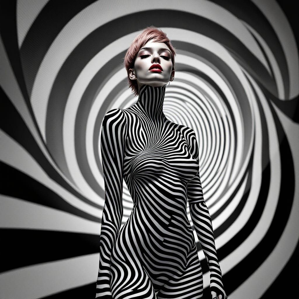 Woman Merges with Hypnotic Optical Illusion in Black and Whi...