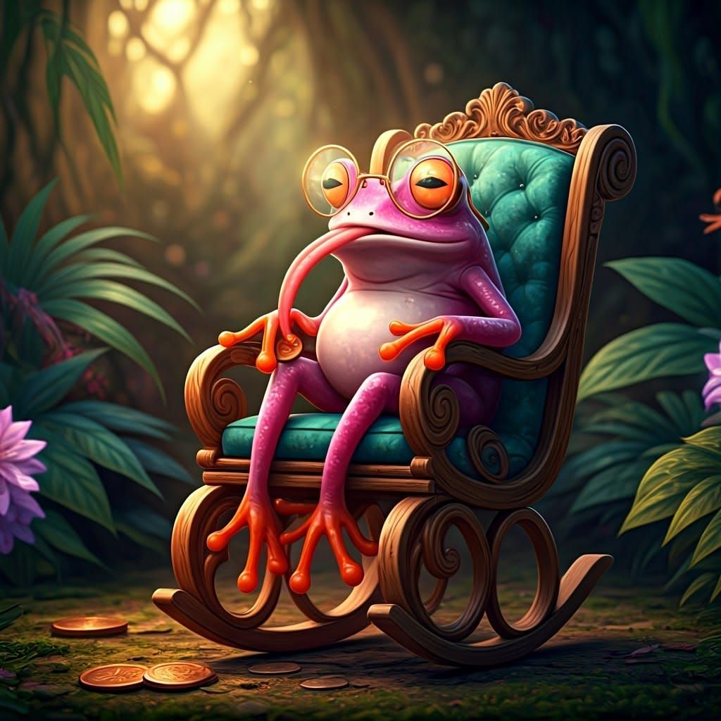 Frog in Rocking Chair with Coin, Fantasy Concept Art