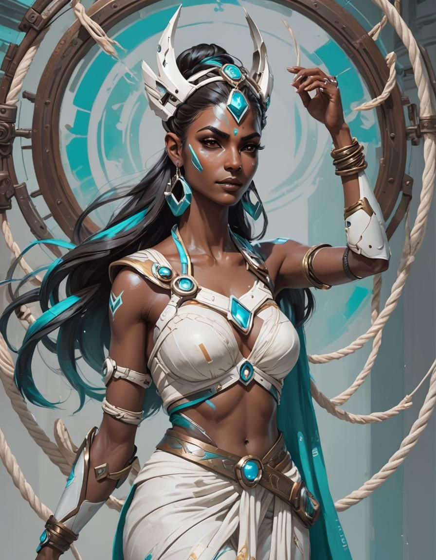 Indian Woman in Sari with Robotic Arm, Detailed Portrait