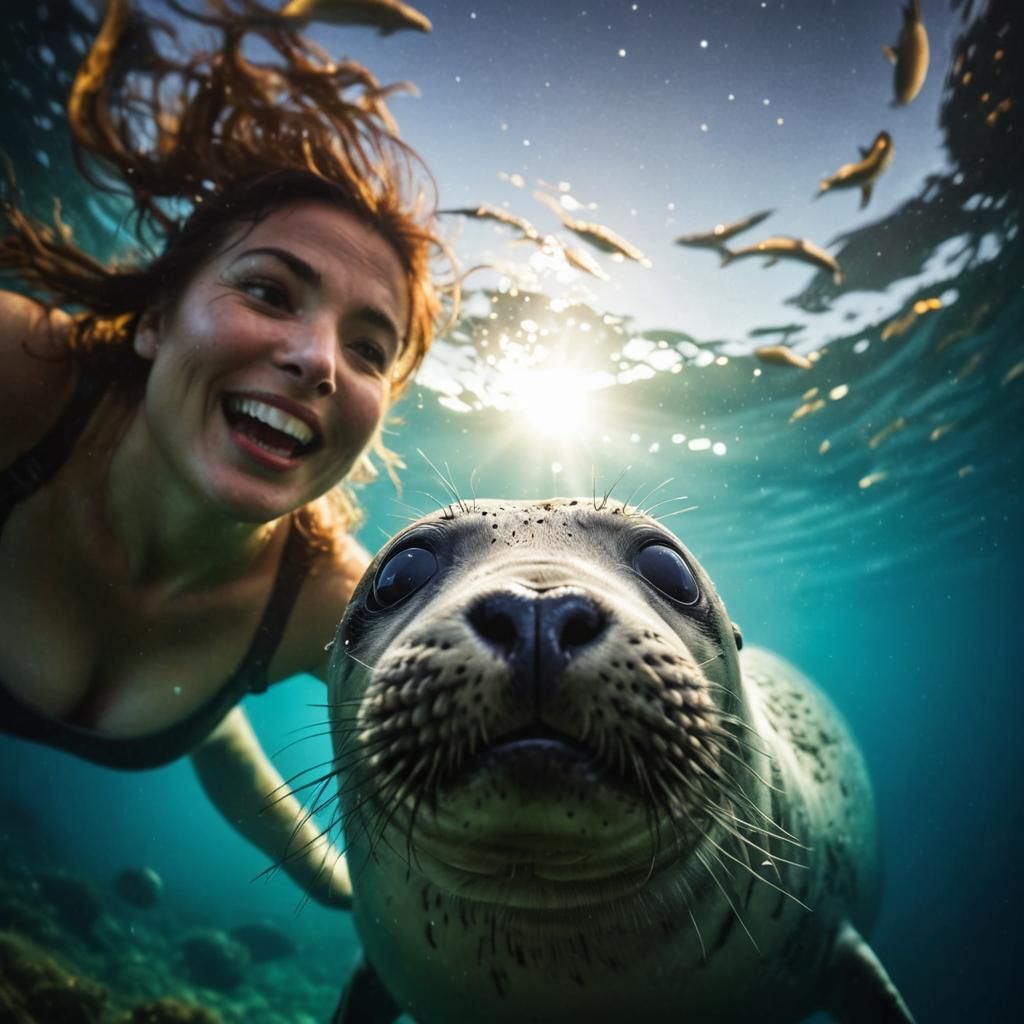 Humorous Underwater Close-Up of Woman and Baby Seal