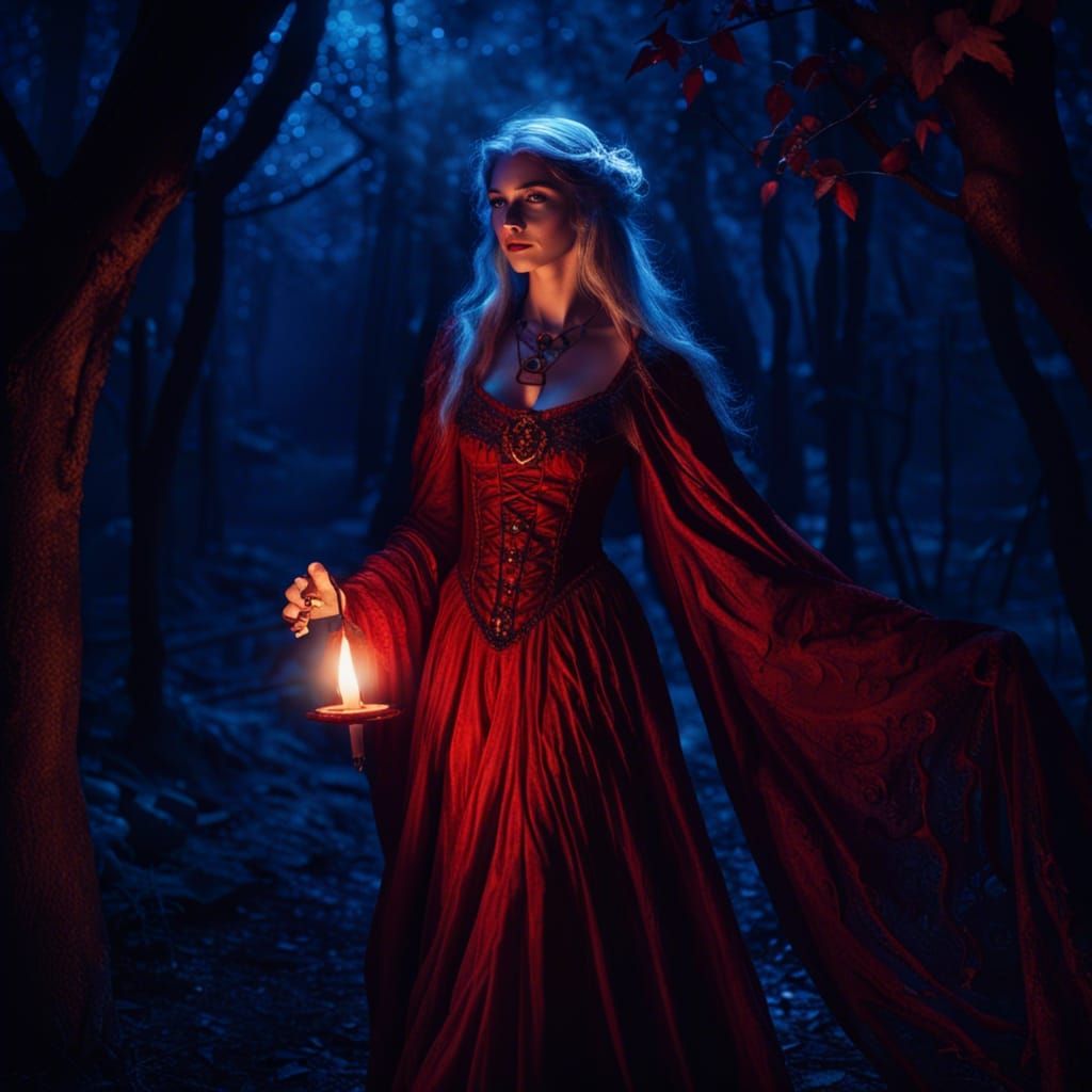 Red Gown Witch in Night Forest