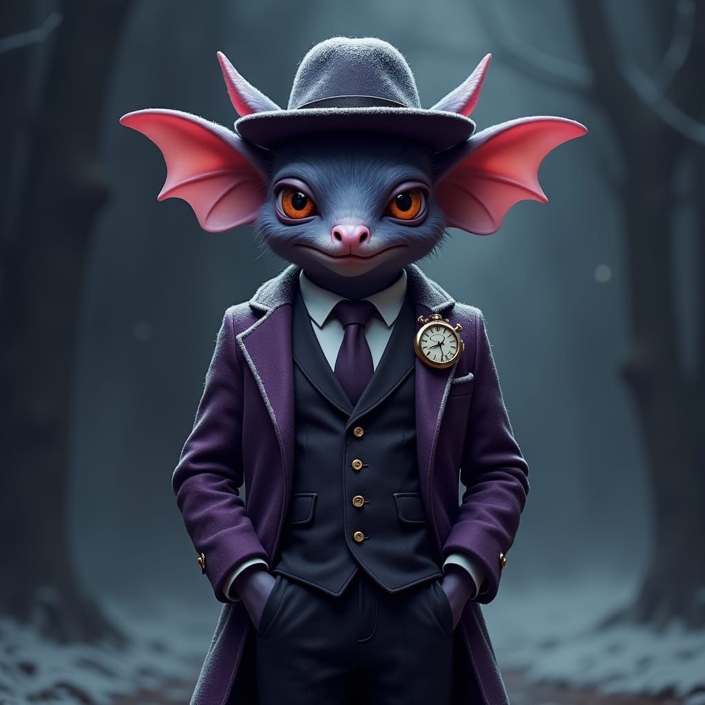 Anthropomorphic Bat Alien in Purple Mafia Suit