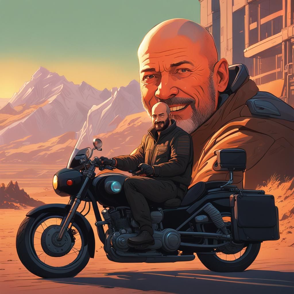 Man on Motorcycle in Vibrant Fantasy Concept Art