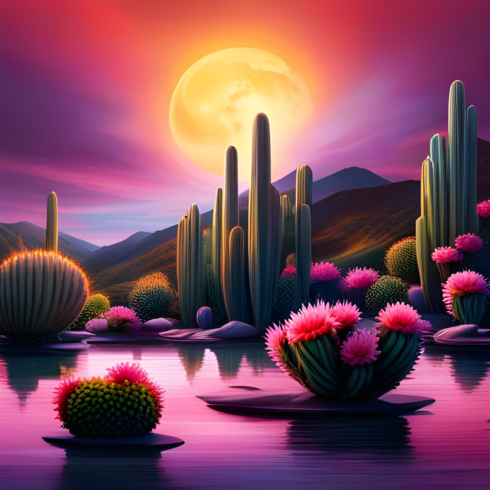 Lush Cacti Dessert Garden at Sunset: Fantasy Concept Art