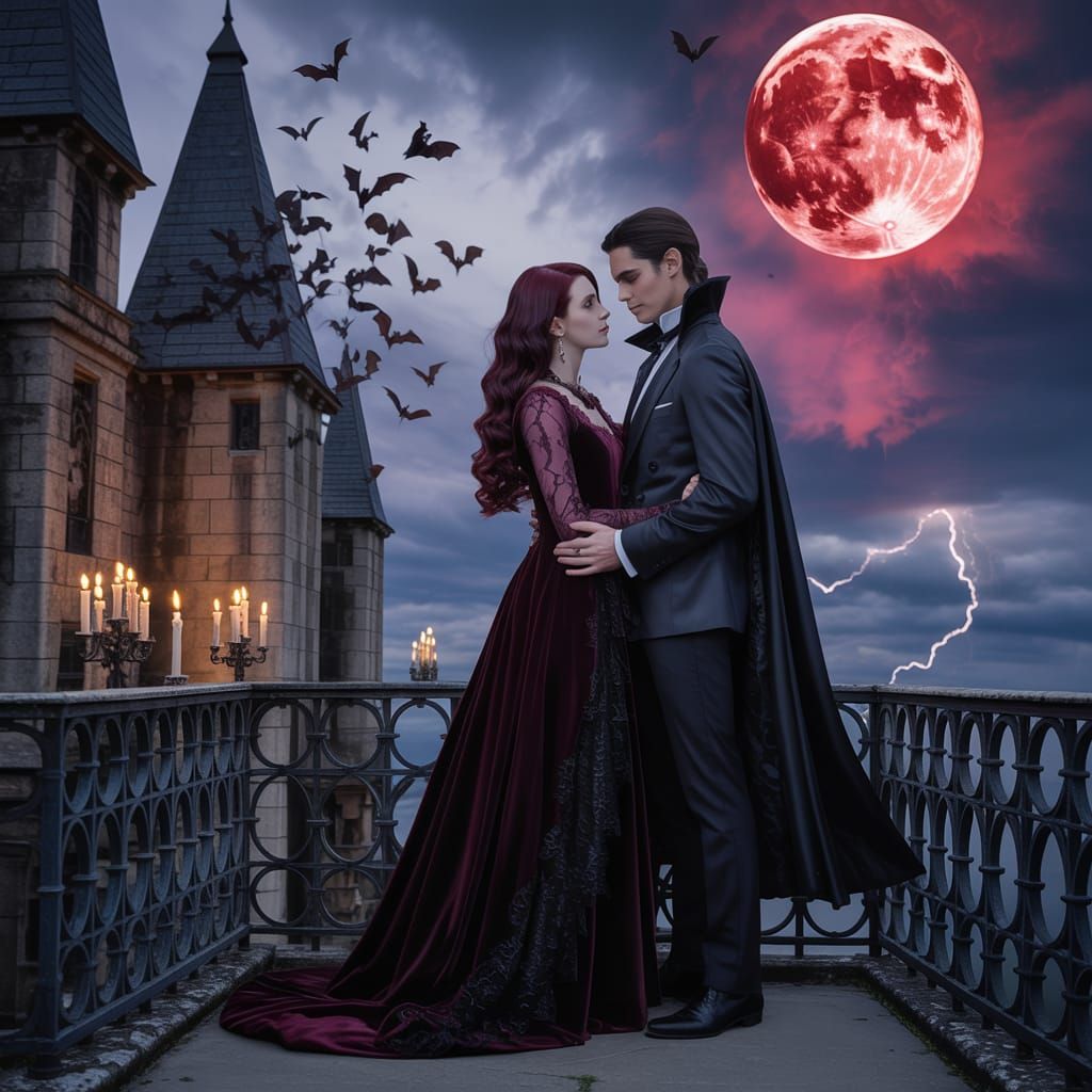 An immortal vampire couple standing on a gothic castle balco...