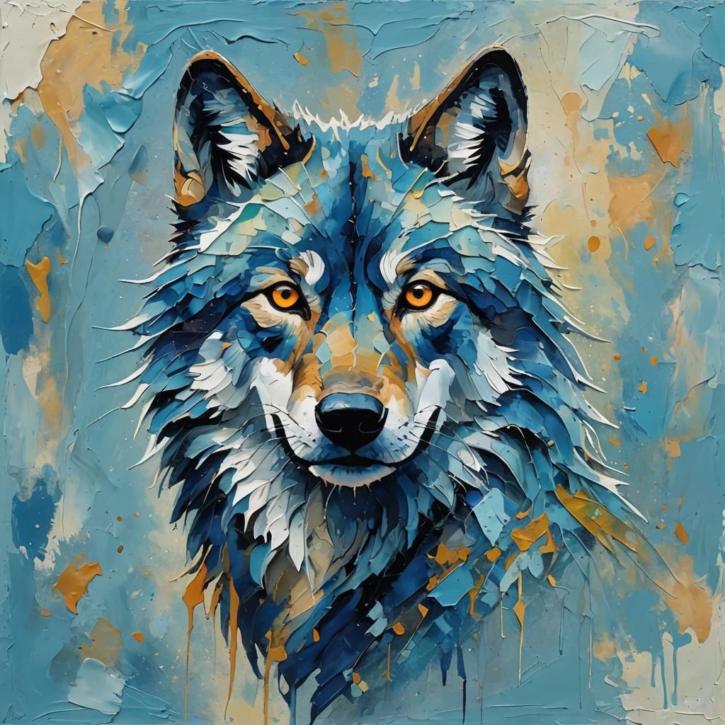 Colorful Impasto Blue Wolf Painting