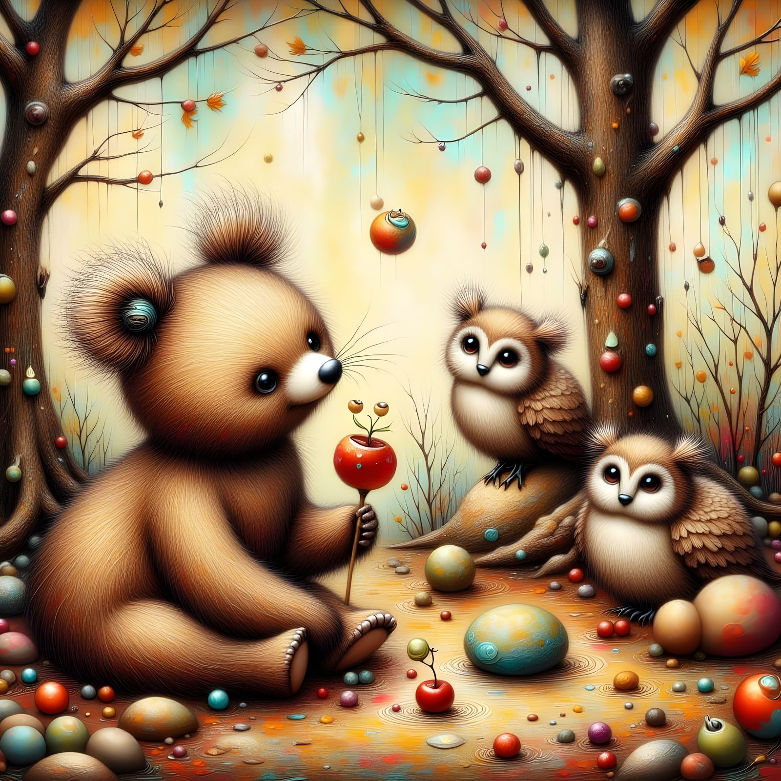 Bear Enjoys Berries with Owls in Autumn