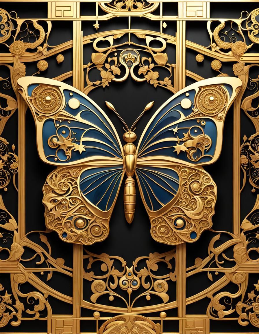 Golden Butterfly in Klimt-Inspired Art Nouveau Style