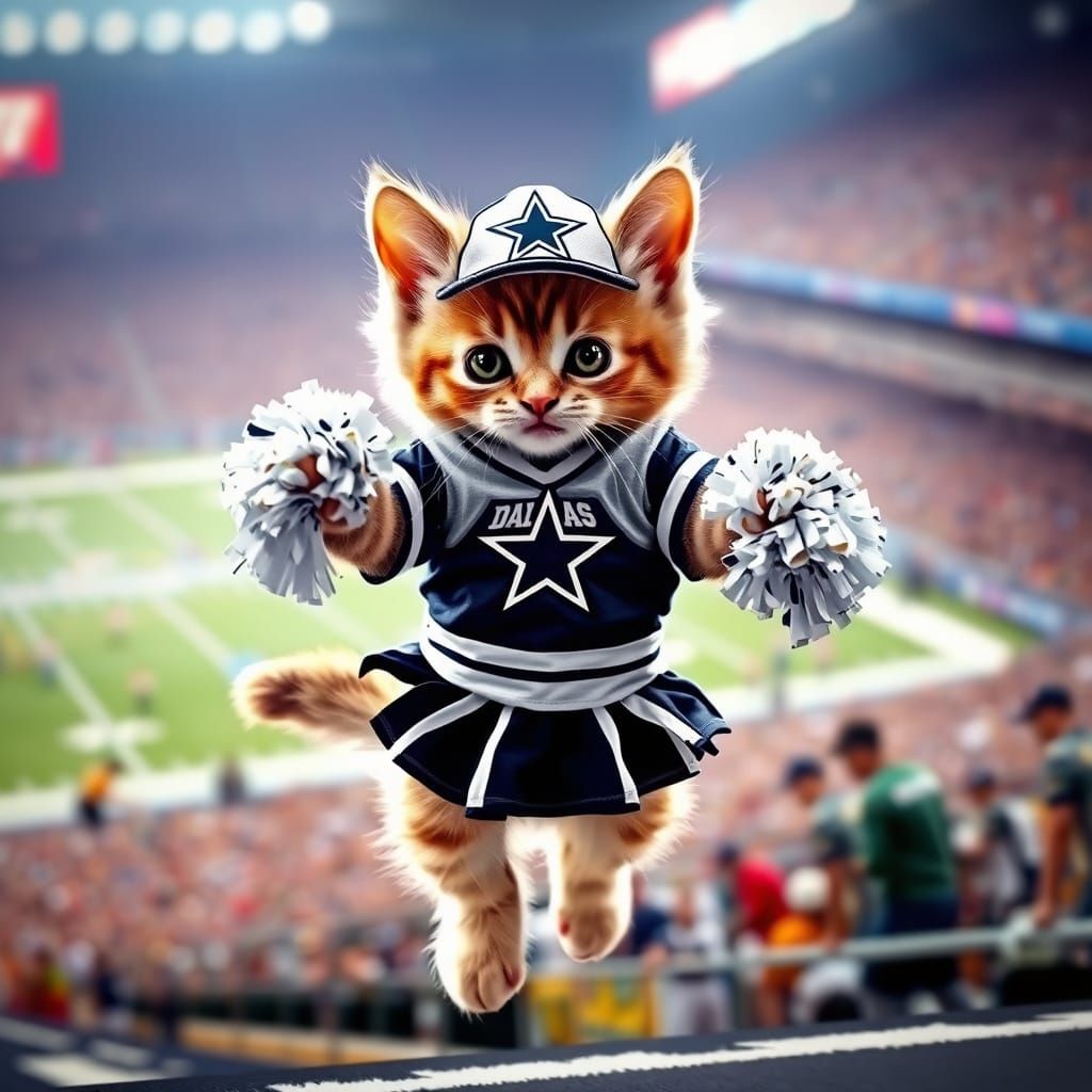 Adorable Kitten Cheers for Dallas Cowboys in Realistic Stadi...