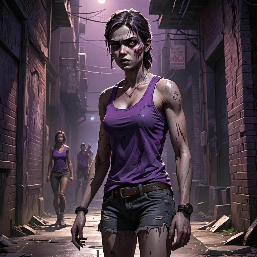 Woman Confronts Zombie in Dark Fantasy Alleyway