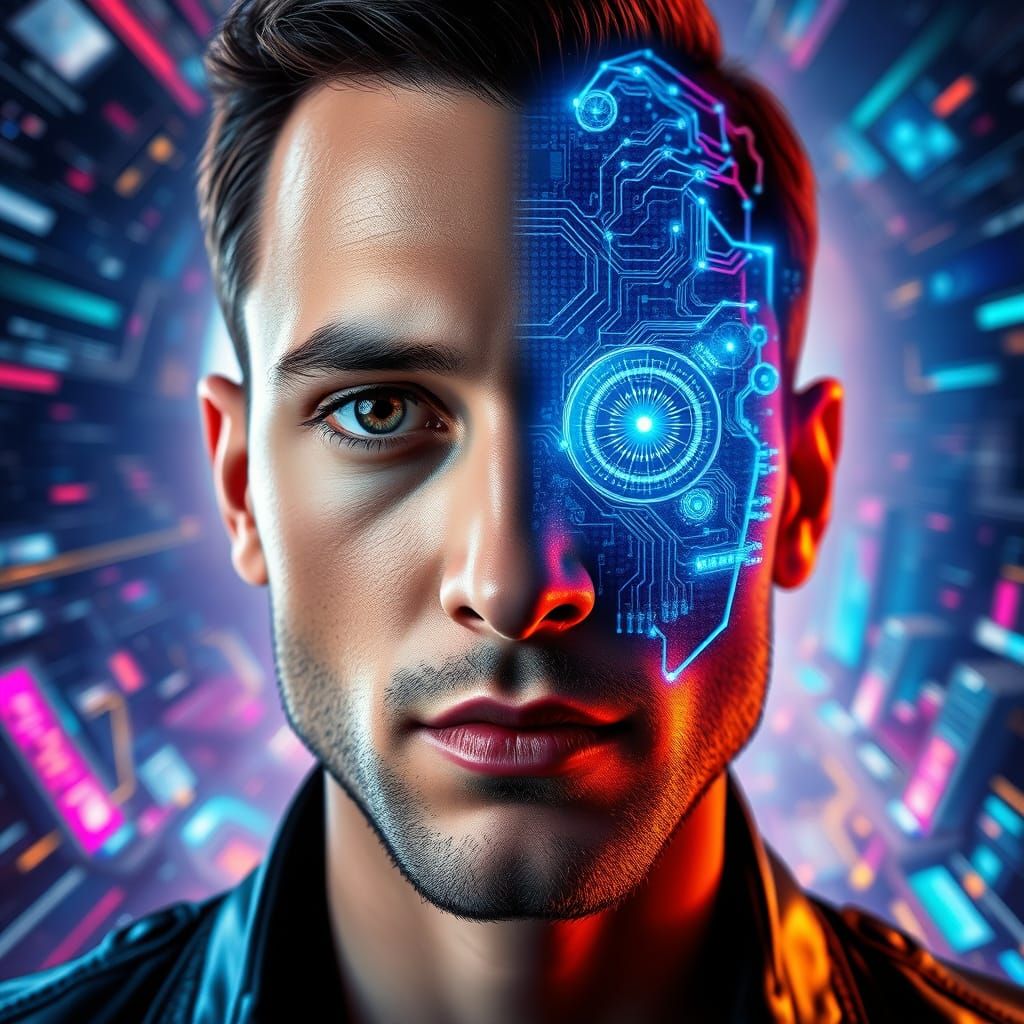 Human and AI Faces United in Futuristic Harmony