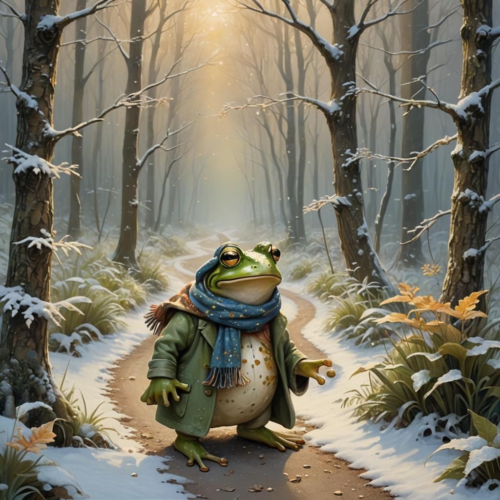 Whimsical Frog's Winter Walk in Impressionist Style