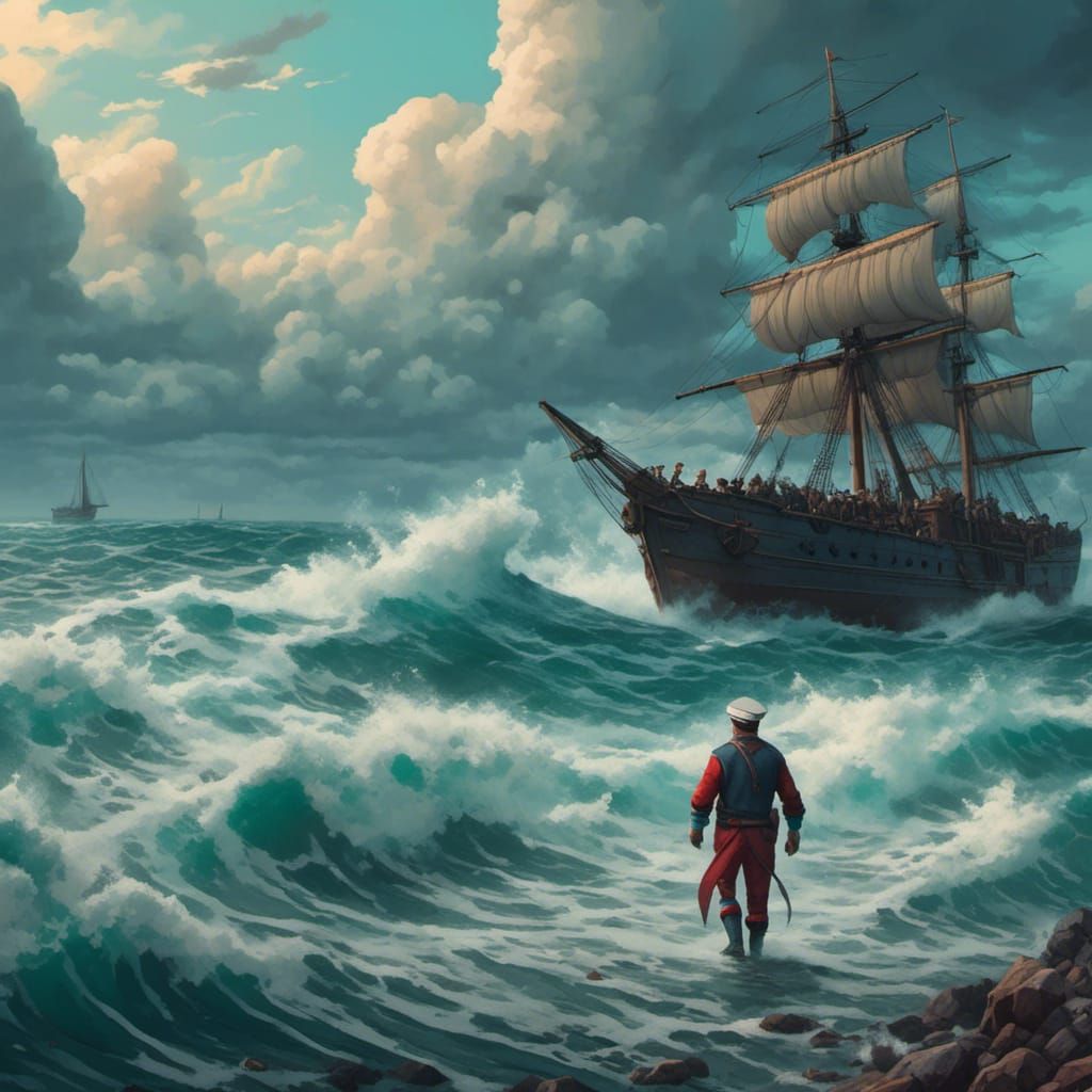 Sailor in Stormy Sea, Faux Painting Art