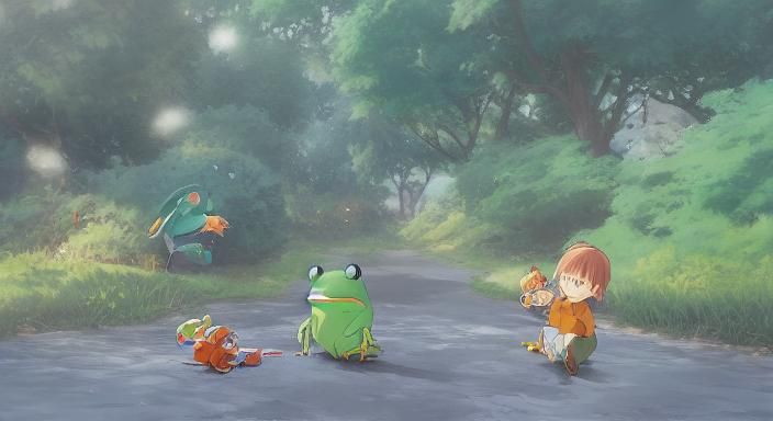 Ghibli Sisters Catching Frogs: Anime-Inspired 3D Art