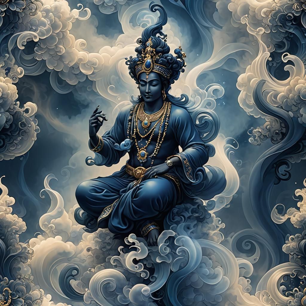 Ethereal Navy Genie in Translucent Smoke Art