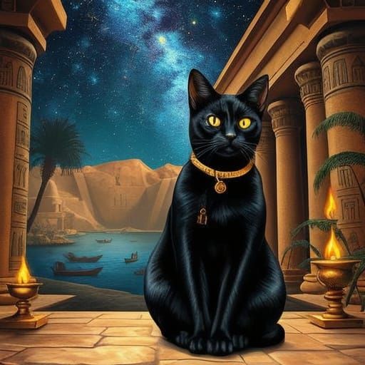 Black Cat Goddess Bastet Before Egyptian Temple in Oil Paint...