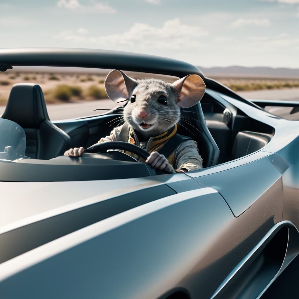 Mouse Driver Races Supercar on Highway: Cinematic Film Still