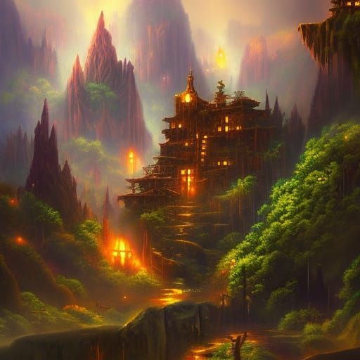 Lush Steampunk Jungle Mountain Scene with Airplane