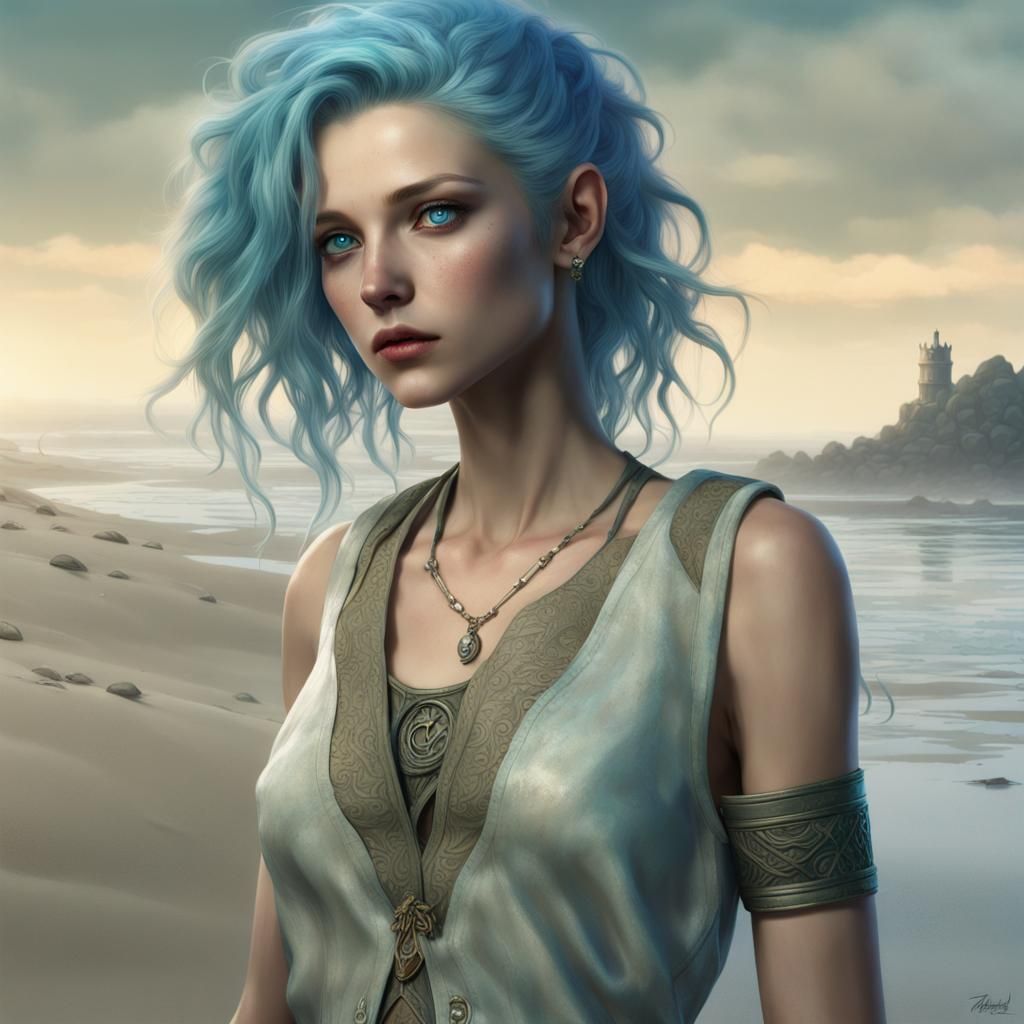 Aqua Woman on Beach: Fantasy Concept Art