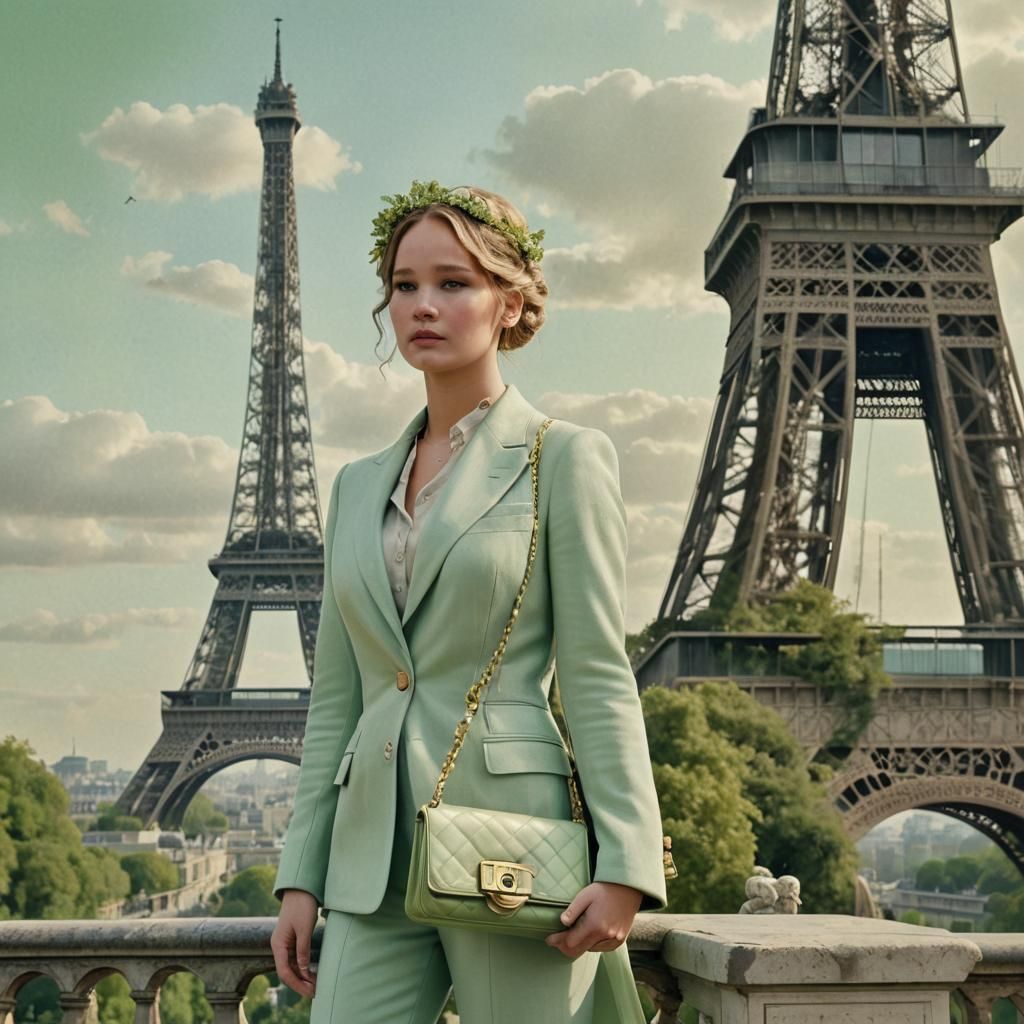 Jennifer Lawrence in Pale Green Chanel Suit in Paris