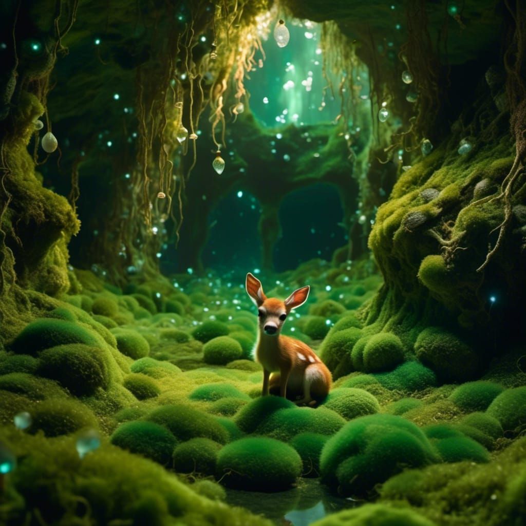 Fawn Fairy in Bioluminescent Moss Cavern