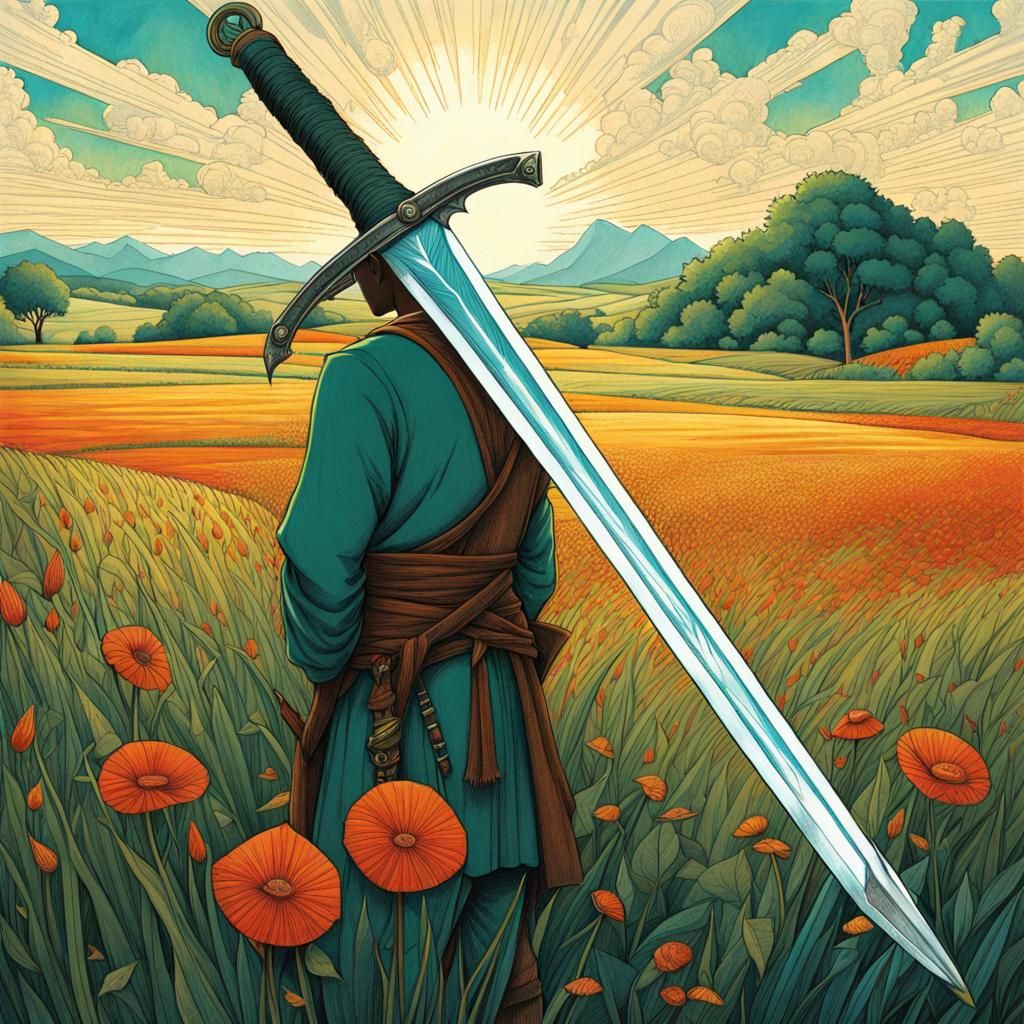 Sword in Field: Woodpunk Flat Design Illustration