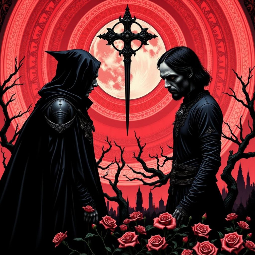 Mysterious Figure in Gothic Landscape, Blood-Red Mist