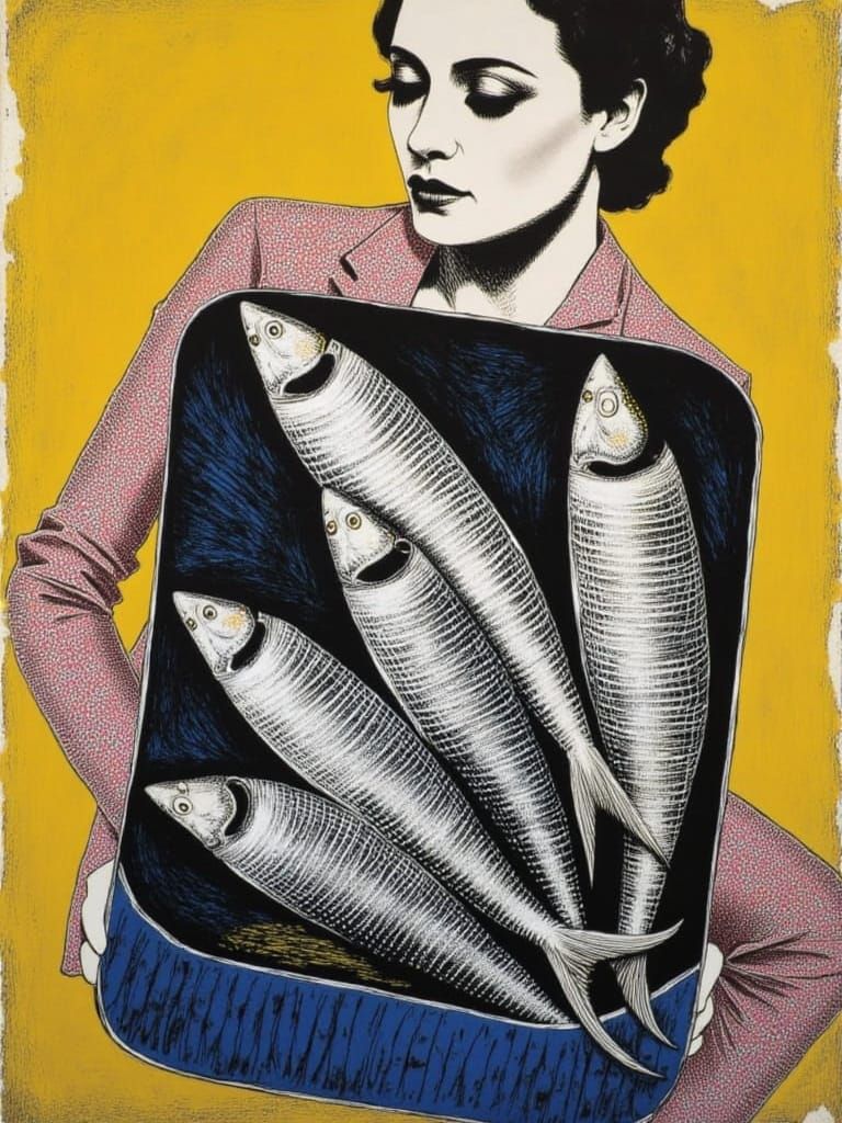 Glistening Sardines in a Tin: Encaustic Mixed Media Collage