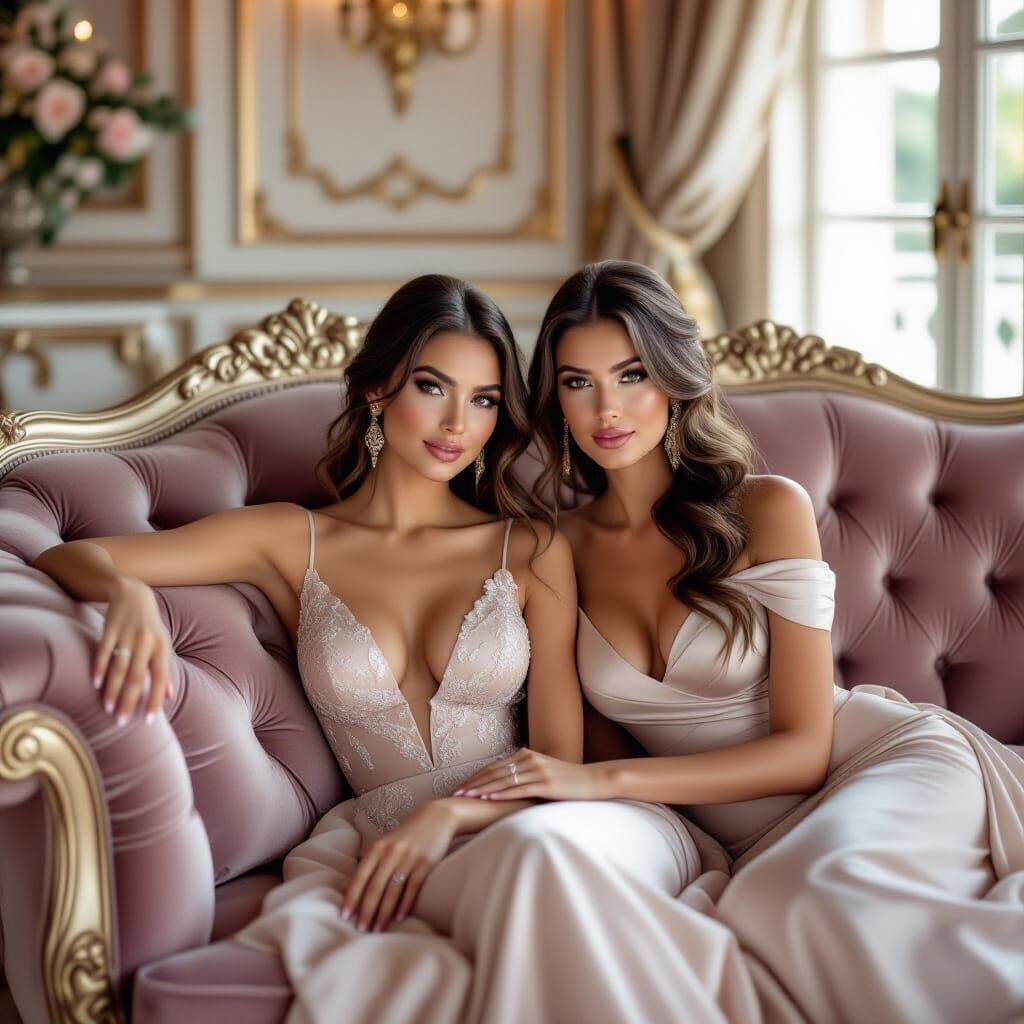 The image features two elegant women reclined on a lavish so...