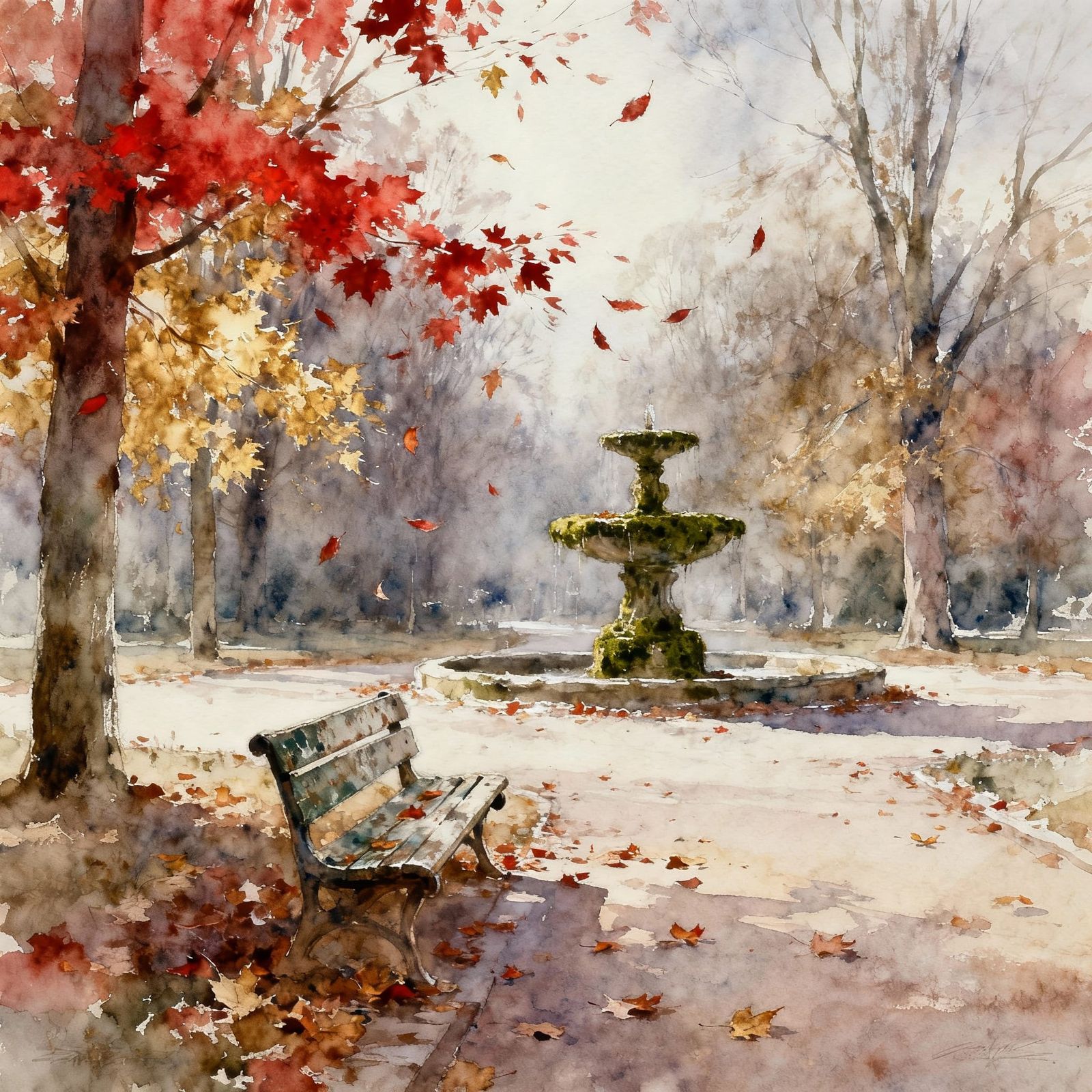 Falling leaves deserted park watercolor 🥹🍂⛲️🪑💨