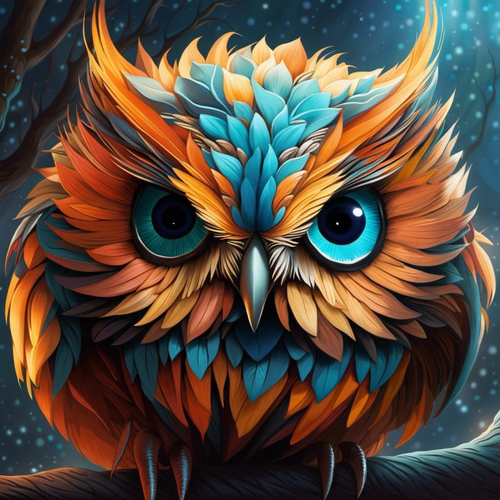 Happy Owl in Snowy Fractal Frost