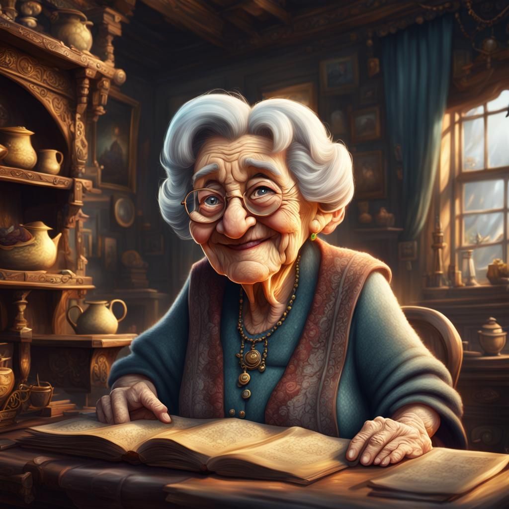 Smiling Grandma Cartoon Character in Digital Matte Painting
