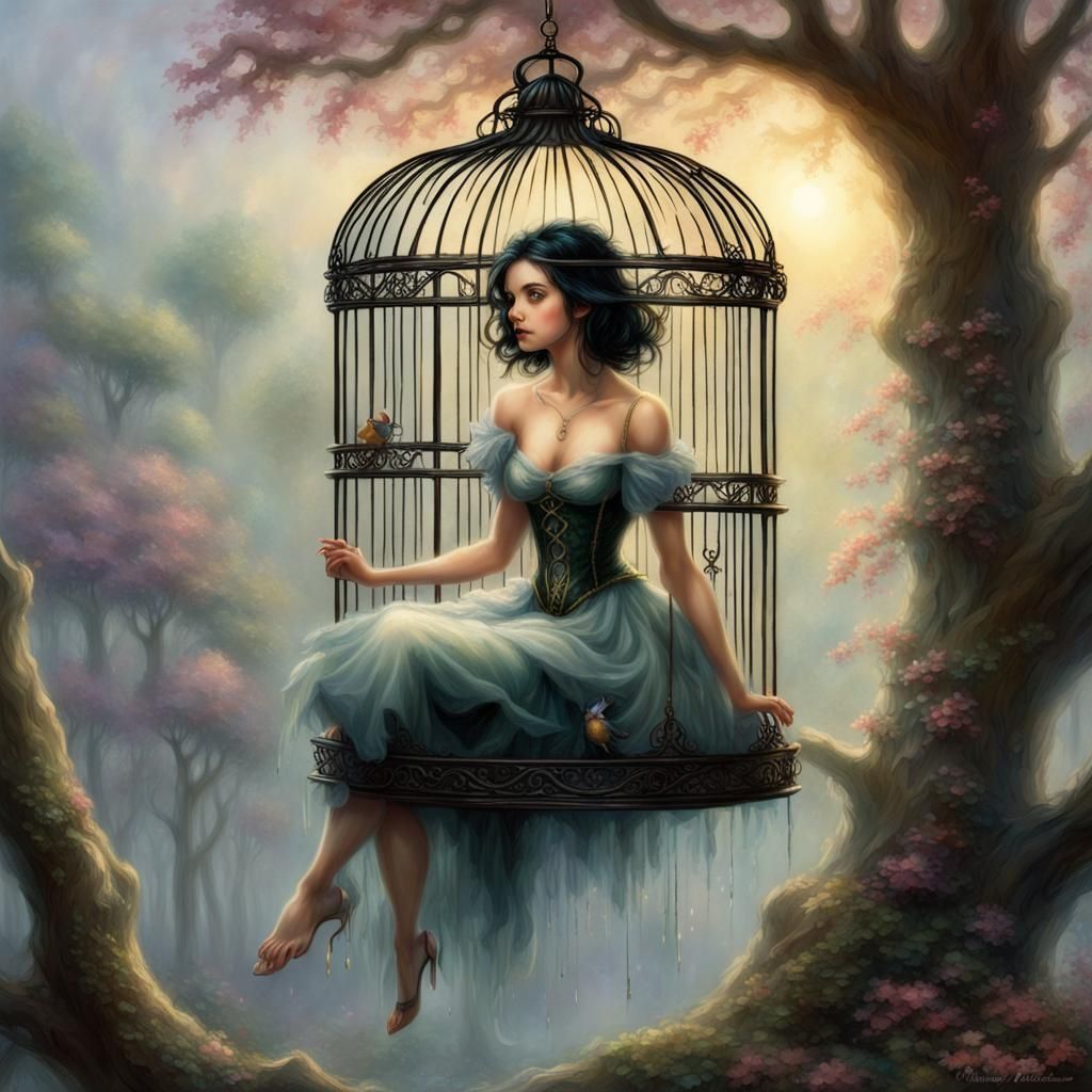 Elf Maiden Trapped in Birdcage: Ethereal Fantasy
