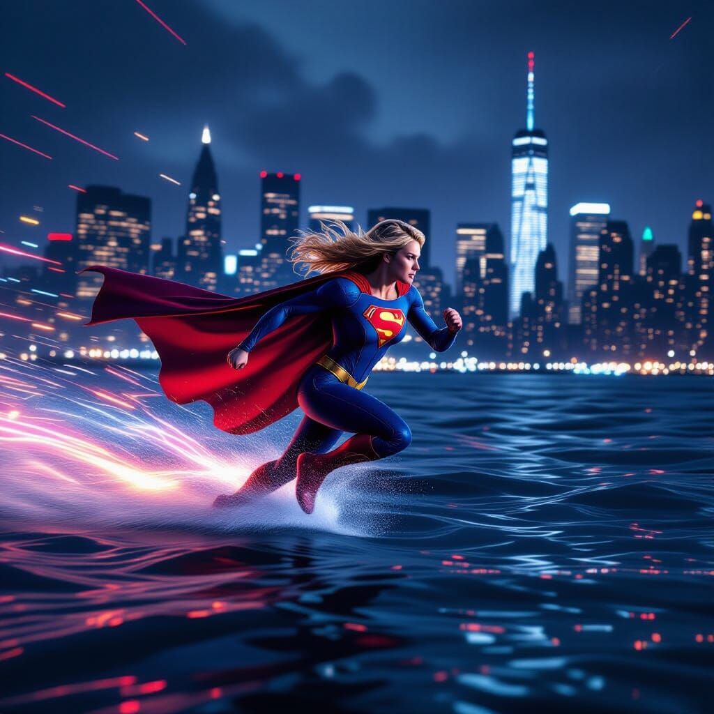 Supergirl Runs at Super Speed Over Gotham Harbor