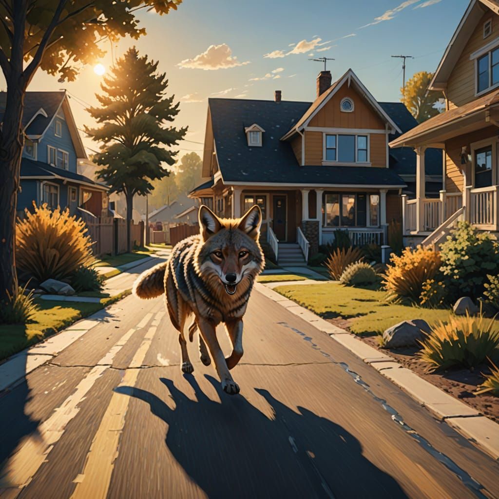 Coyote in Suburbia: Golden Hour Oil Painting
