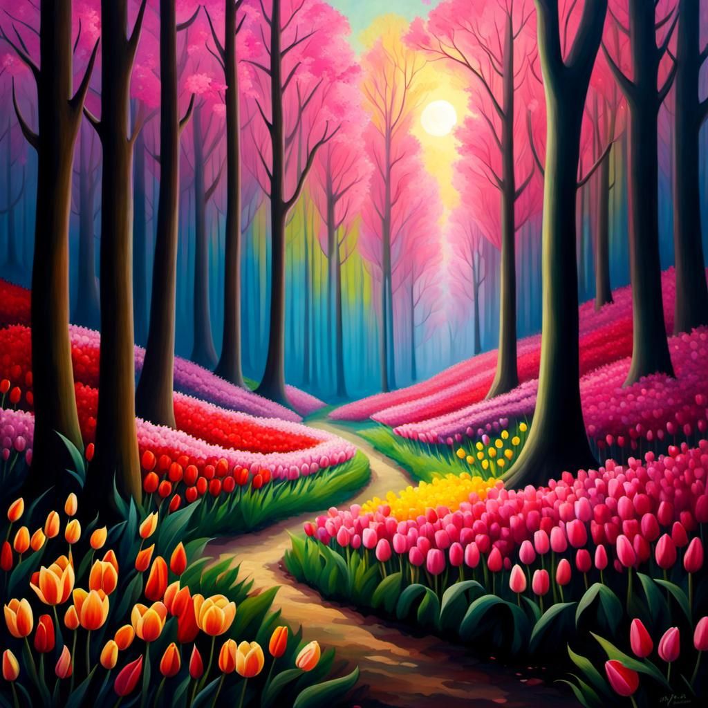 Tulip Forest Painting with Rainbow Trail