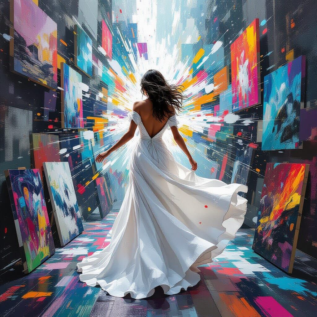 AI Painting Superpositioned Canvases in Futuristic Style