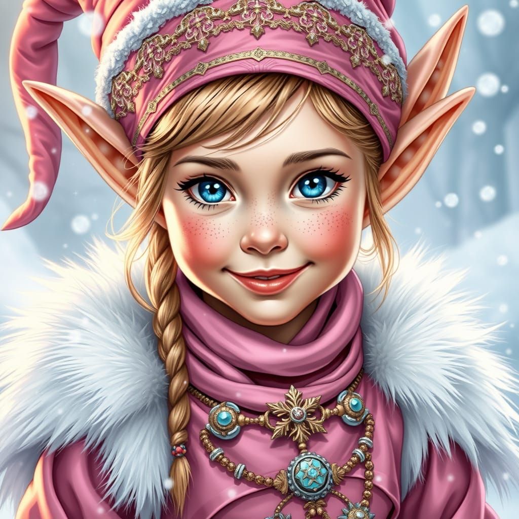 Smiling Elf Girl in Pink Silk Outfit, Comic Book Style