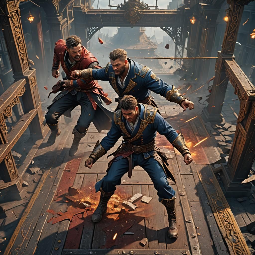 Dynamic Line Art: Men Fighting on Catwalk