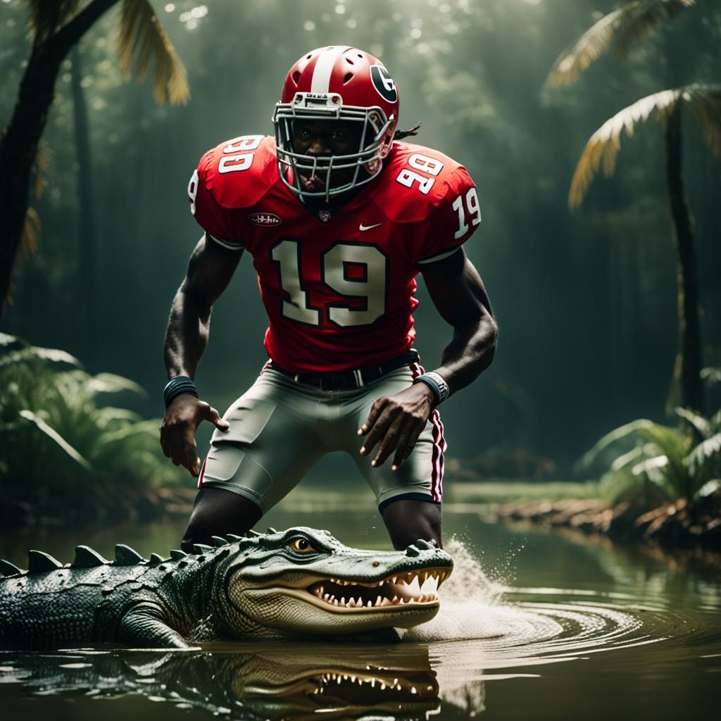 Man in UGA Jersey Kicking Alligator: Cinematic Still