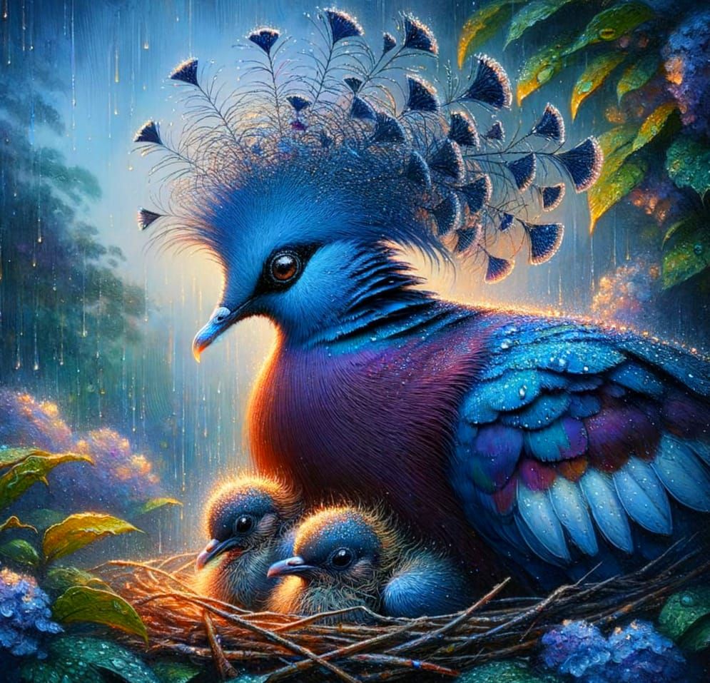 Crowned Pigeon Family in Lush Garden, Watercolour Oil Style
